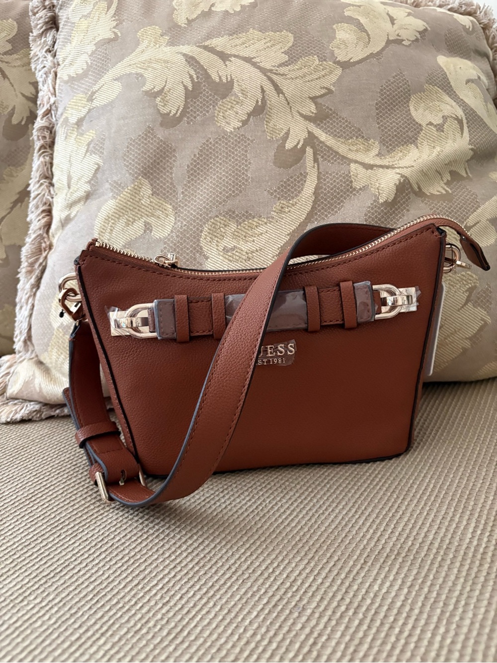 Guess Gregoria Shoulder Bag in Cognac Brown with Gold Hardware